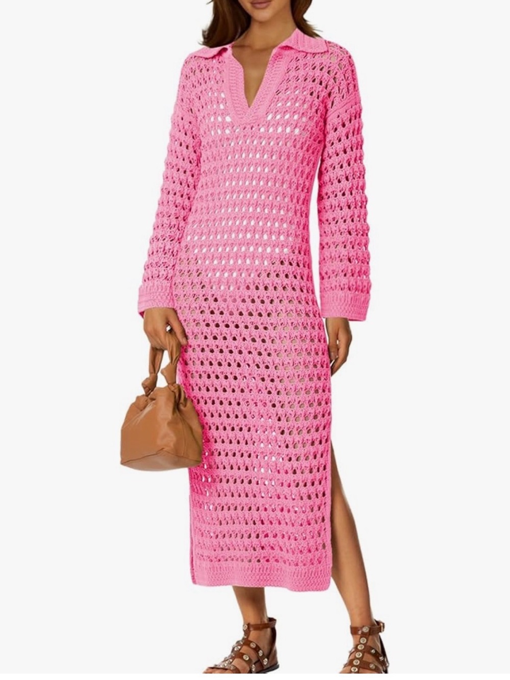 Pink Crochet Cover-Up Maxi Dress - Women Swim